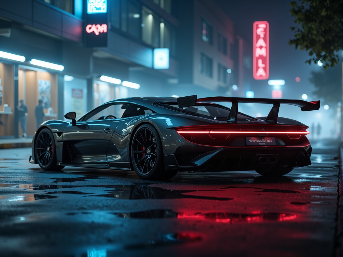 Prompt: Sleek, aerodynamic vehicles, metallic surfaces, glossy finishes, bold lines, curved silhouettes, futuristic concepts, high-tech gadgets, neon-lit cityscapes, dark night skies, atmospheric fog, shallow depth of field, 1/1 composition, low-angle shot, cinematic lighting, realistic reflections, ambient occlusion.