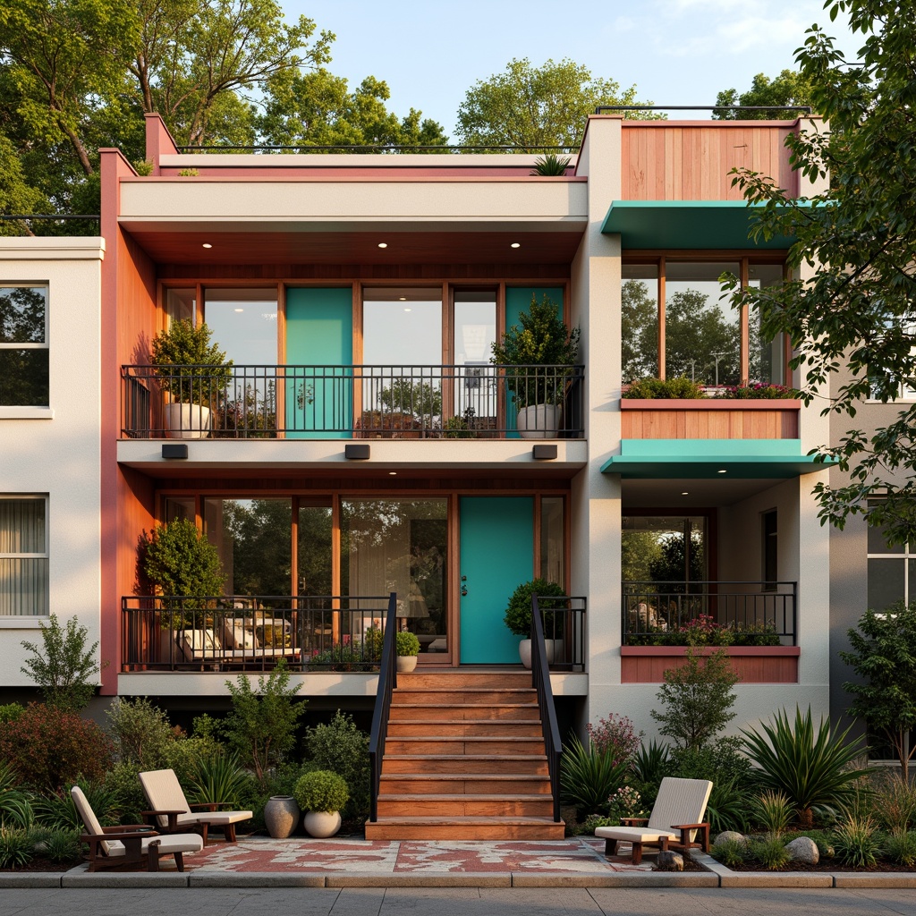 Prompt: Vibrant eclectic residential building, mixed material fa\u00e7ade, bold color blocking, warm earthy tones, rich turquoise accents, soft creamy whites, deep charcoal grays, natural wood textures, industrial metal details, ornate Victorian-inspired trim, modern minimalist lines, whimsical Art Nouveau motifs, lush greenery, blooming flower boxes, cozy reading nooks, eclectic furniture arrangements, layered patterned rugs, warm golden lighting, shallow depth of field, 3/4 composition, panoramic view, realistic textures, ambient occlusion.