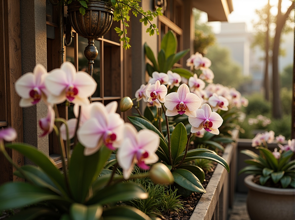 Prompt: Whimsical botanical garden, delicate orchid blooms, pastel pink hues, soft lavender shades, creamy whites, muted greens, subtle yellow accents, luxurious velvet textures, ornate metal fixtures, intricately carved wooden details, warm golden lighting, shallow depth of field, 1/2 composition, intimate atmosphere, romantic ambiance.