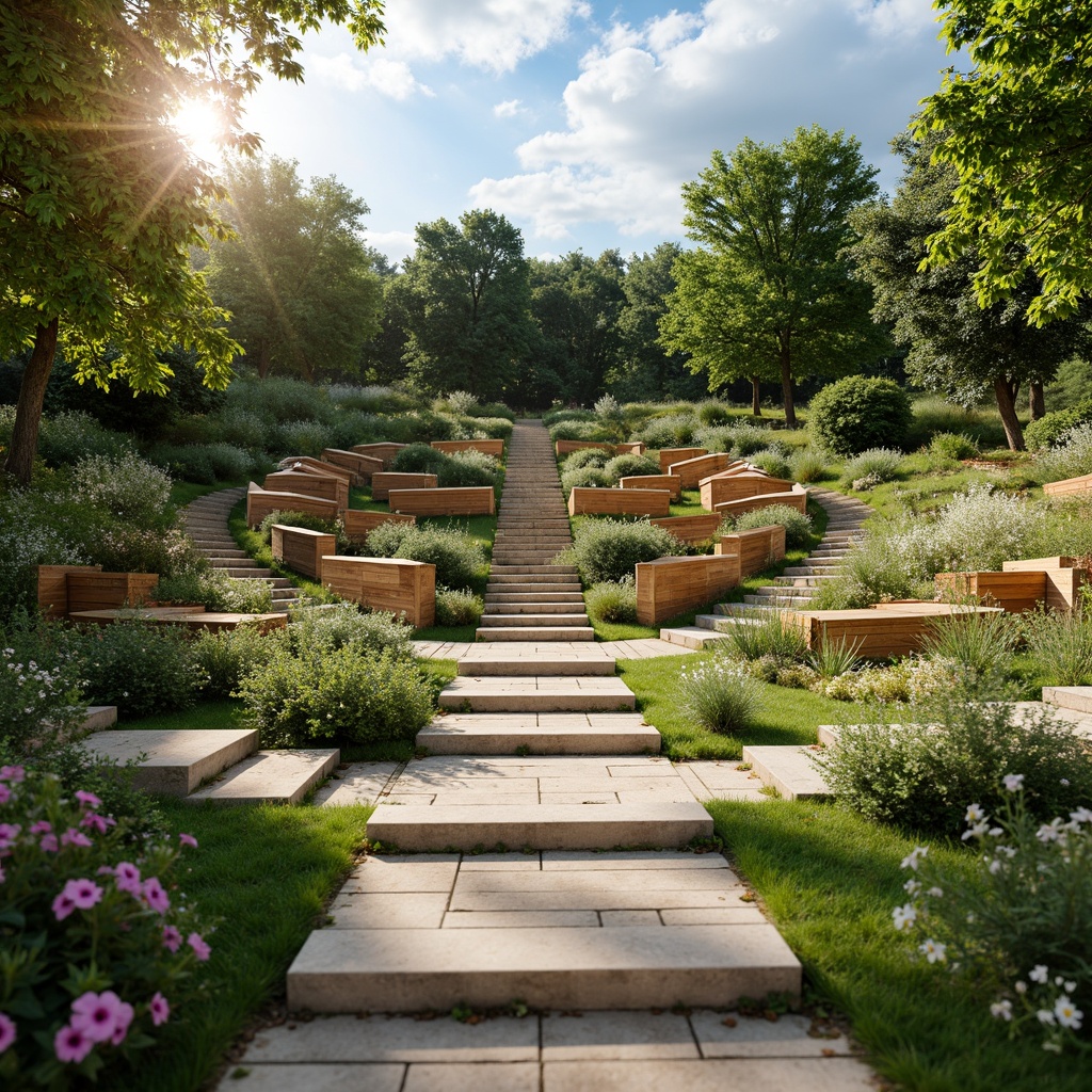 Prompt: Tiered seating, curved rows, comfortable benches, grassy slopes, natural stone steps, wooden accents, modern amphitheater design, outdoor performance space, lush greenery, vibrant flowers, sunny day, soft warm lighting, shallow depth of field, 3/4 composition, panoramic view, realistic textures, ambient occlusion.