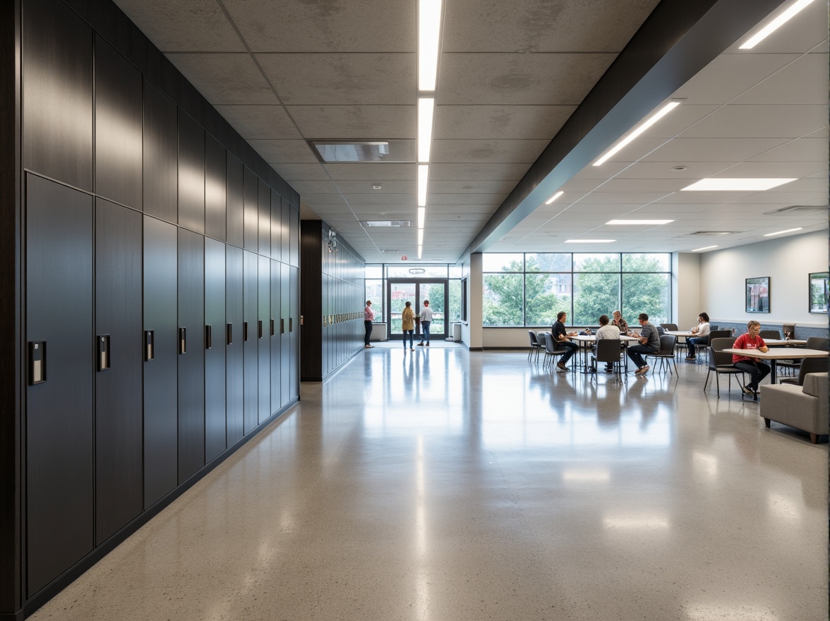 Prompt: Minimalist school hallway, polished concrete floors, sleek metal lockers, modern LED lighting, open-concept classrooms, collaborative learning spaces, modular furniture, ergonomic chairs, interactive whiteboards, abundant natural light, floor-to-ceiling windows, sliding glass doors, minimalist color scheme, subtle textures, optimized traffic flow, efficient circulation paths, adaptable modular design, sustainable materials, energy-efficient systems, calm atmosphere, soft indirect lighting, 1/1 composition, shallow depth of field.