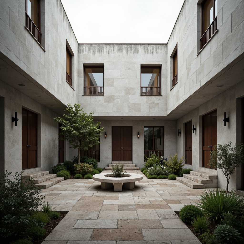 Prompt: Simple monastery courtyard, sparse vegetation, neutral color palette, minimalist ornaments, brutalist concrete walls, industrial steel doors, Bauhaus-inspired typography, geometric window patterns, narrow corridors, monks' quarters, secluded chapel, natural stone floors, subtle lighting, soft shadows, 1/1 composition, symmetrical framing, desaturated colors, weathered textures, ambient atmosphere.