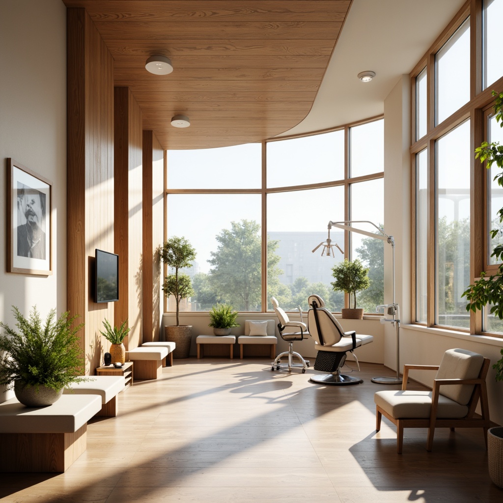 Prompt: Minimalist dental clinic, large windows, natural lighting, warm wooden accents, soft color palette, comfortable waiting area, modern dental chairs, sleek metal equipment, gentle curves, calming atmosphere, green plants, subtle texture patterns, indirect sunlight, 1/1 composition, shallow depth of field, realistic renderings.