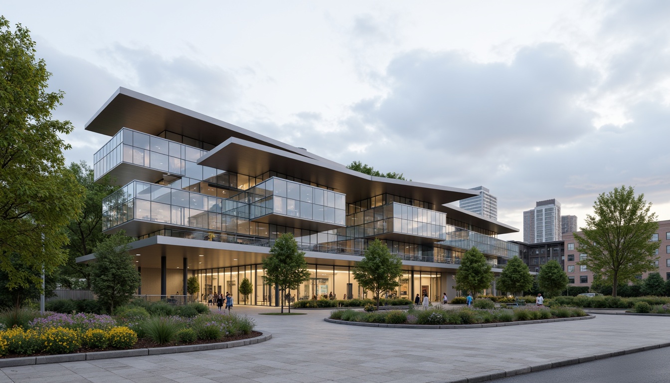 Prompt: Streamlined modern school building, cantilevered roofs, curved lines, minimalist facade, large glass windows, anodized aluminum frames, perforated metal panels, green walls, vertical gardens, urban landscape, cloudy sky, soft diffused lighting, shallow depth of field, 3/4 composition, panoramic view, realistic textures, ambient occlusion.