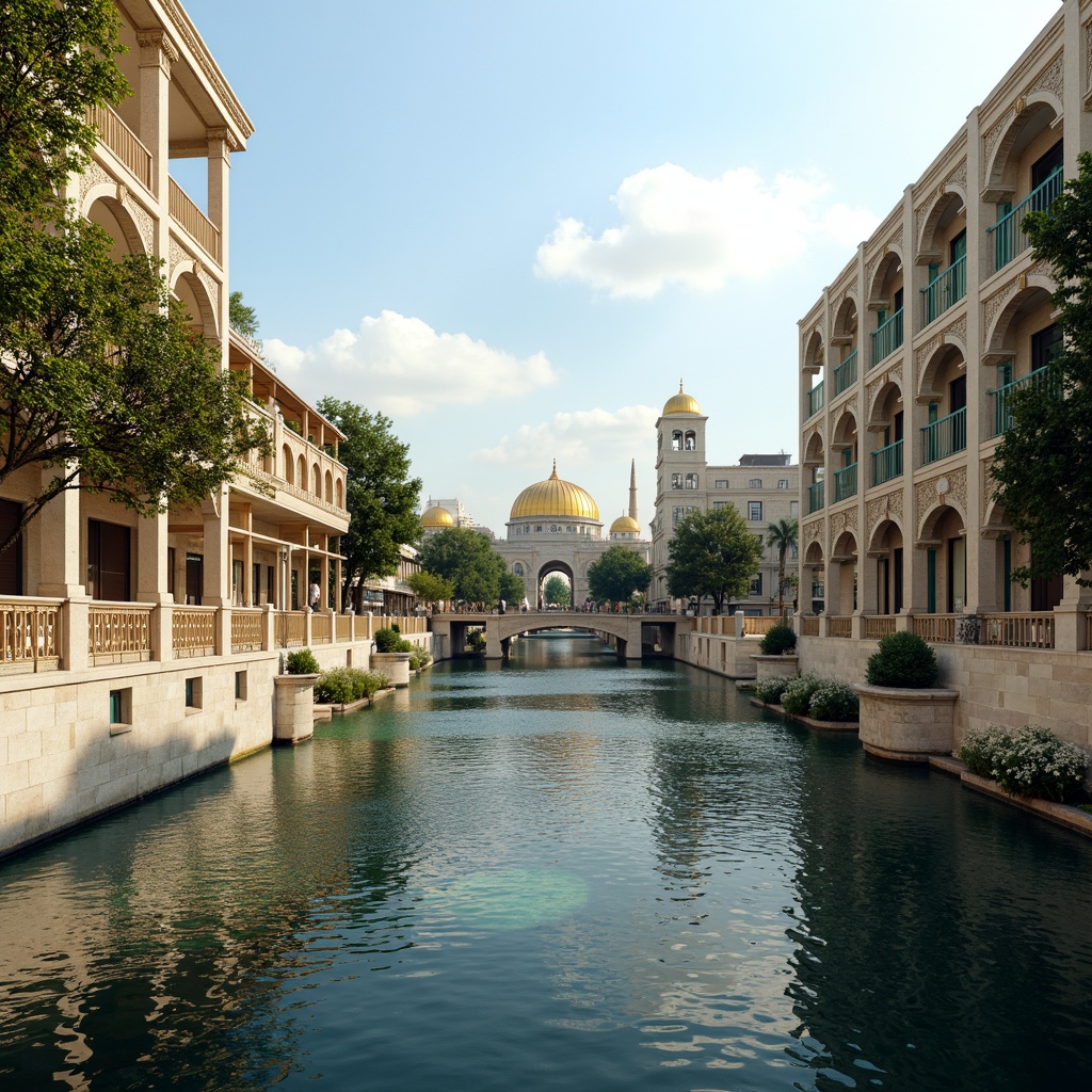 Prompt: Majestic waterfront, tranquil river flow, ornate bridges, Byzantine-inspired architecture, grand arches, intricate stone carvings, golden domes, vibrant turquoise accents, lush greenery, majestic pillars, ornamental railings, warm sunny day, soft natural lighting, shallow depth of field, 1/2 composition, symmetrical view, realistic water reflections, ambient occlusion.