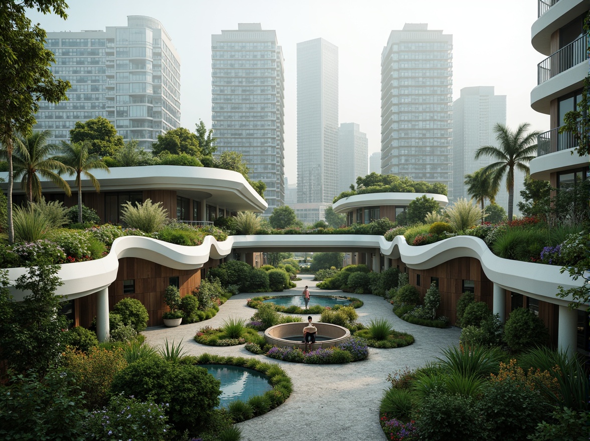 Prompt: Organic curves, futuristic buildings, lush green roofs, vertical gardens, hydroponic systems, urban agriculture, misty atmosphere, soft diffused lighting, shallow depth of field, 1/1 composition, symmetrical framing, vibrant colorful accents, metallic materials, recycled wood textures, eco-friendly infrastructure, wind turbines, solar panels, rainwater harvesting systems, geothermal energy solutions, natural stone walkways, serene water features, abstract sculptures, dynamic shapes, biomimetic forms.