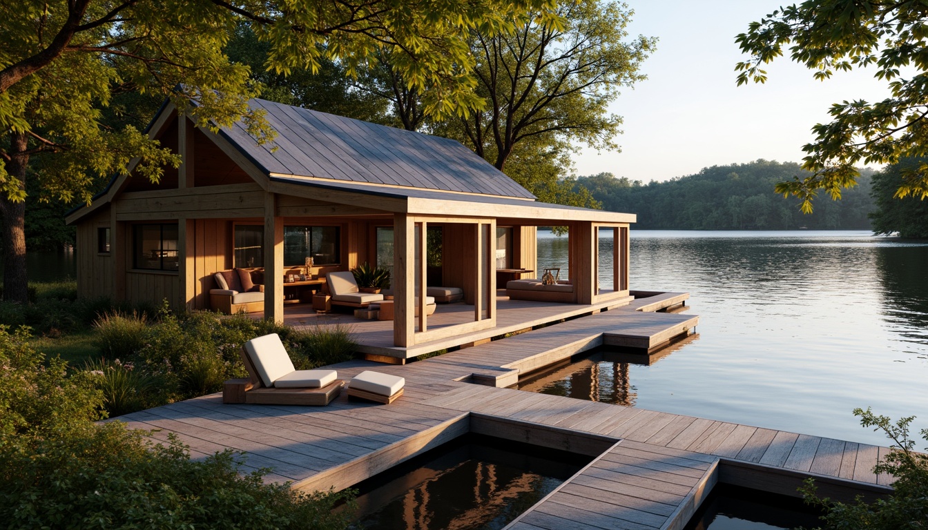 Prompt: Waterfront boathouse, wooden dock, serene lake view, surrounding trees, natural ventilation system, open windows, sliding glass doors, rustic wood accents, nautical themed decor, soft warm lighting, shallow depth of field, 3/4 composition, panoramic view, realistic textures, ambient occlusion.