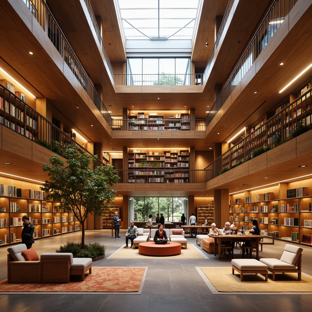 Prompt: Vibrant library interior, rich wooden accents, warm beige tones, soft natural light, cozy reading nooks, modern minimalist shelving, bold colorful book spines, comfortable plush seating, geometric patterned rugs, intricate architectural details, grand atrium, open staircase, sleek metal handrails, warm atmospheric lighting, 1/2 composition, shallow depth of field, realistic textures, ambient occlusion.