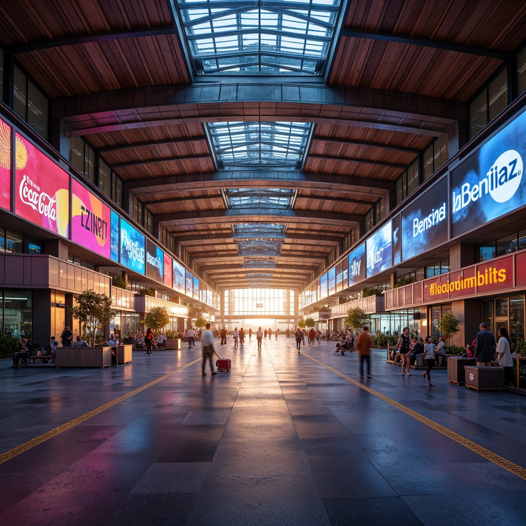 Prompt: Vibrant airport terminal, dynamic curves, angular lines, metallic surfaces, LED lighting, neon signs, bold typography, abstract patterns, urban landscape, concrete architecture, glass facades, futuristic atmosphere, early morning mist, warm golden light, shallow depth of field, 1/1 composition, cinematic view, realistic reflections, ambient occlusion.Let me know if you need any adjustments!