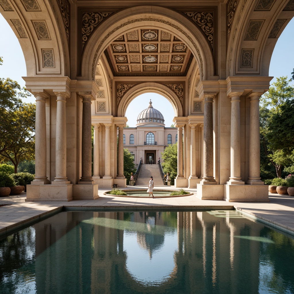 Prompt: Symmetrical monumental entrance, grandiose arches, identical twin columns, ornate stone carvings, reflective pool water, precise geometric patterns, radial symmetry, circular motifs, majestic domes, symmetrical staircases, elegant balustrades, mirrored glass facades, harmonious proportions, central axis alignment, bilateral composition, 1/1 aspect ratio, low-angle photography, warm golden lighting, subtle shadows, realistic reflections.