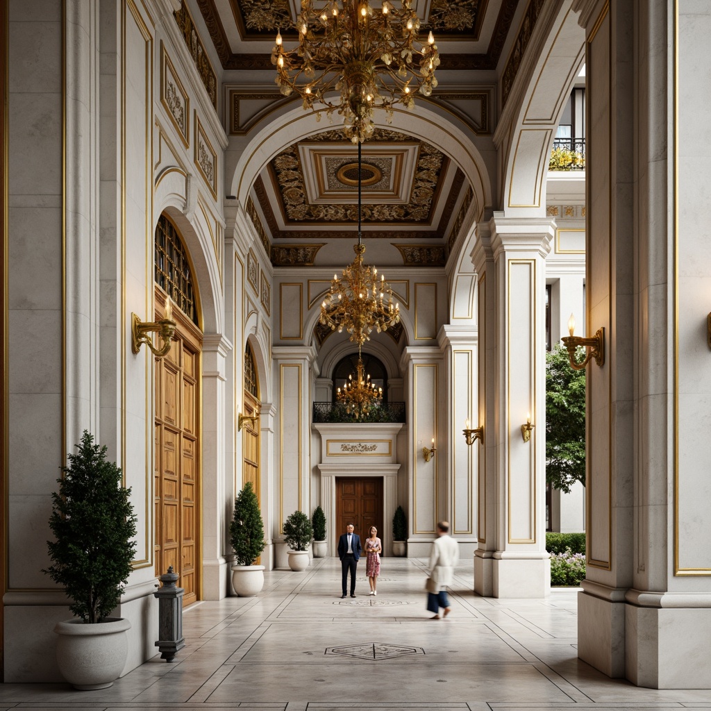 Prompt: Elegant classical building, symmetrical facade, balanced proportions, ornate details, grand entrance, Corinthian columns, intricate carvings, marble flooring, lavish chandeliers, golden accents, subtle color palette, soft natural lighting, shallow depth of field, 1/1 composition, realistic textures, ambient occlusion.