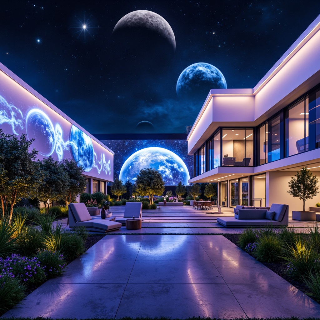 Prompt: Galactic planetarium, futuristic high-tech style homes, neon-lit exterior walls, metallic accents, sleek lines, minimalist gardens, glowing LED lights, starry night sky projections, celestial-inspired water features, asteroid-shaped planters, robotic lawn mowers, space-age outdoor furniture, holographic decorations, virtual reality experience zones, 3D-printed sculptures, iridescent glass tiles, misty atmospheric effects, shallow depth of field, panoramic view, futuristic cityscape backdrops.