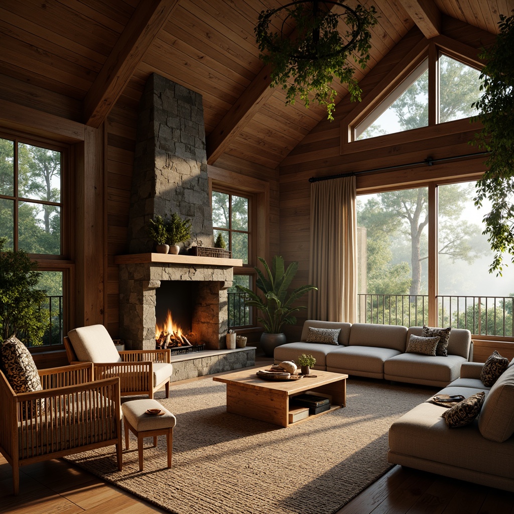 Prompt: Earth-toned cabin, reclaimed wood walls, natural stone fireplace, woven rattan furniture, plush woolen upholstery, organic shapes, earthy color palette, rustic metal accents, vintage decorative items, lush greenery, overhanging branches, misty morning light, soft warm glow, shallow depth of field, 1/1 composition, realistic textures, ambient occlusion.