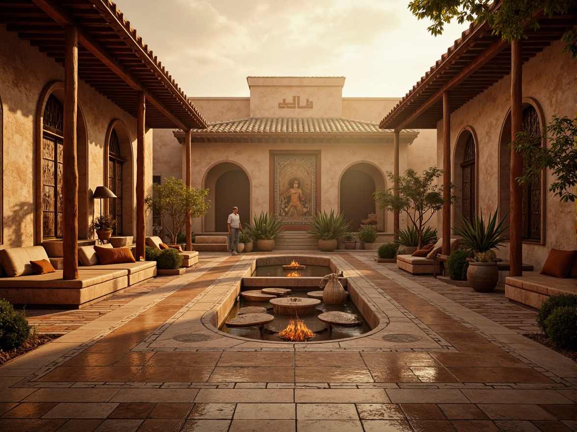 Prompt: Warm earthy tones, rustic stone walls, terracotta roofs, ornate carvings, grand archways, columned facades, intricate mosaics, rich tapestries, lavish furnishings, golden accents, soft warm lighting, atmospheric fog, 1/1 composition, symmetrical framing, realistic textures, ambient occlusion.