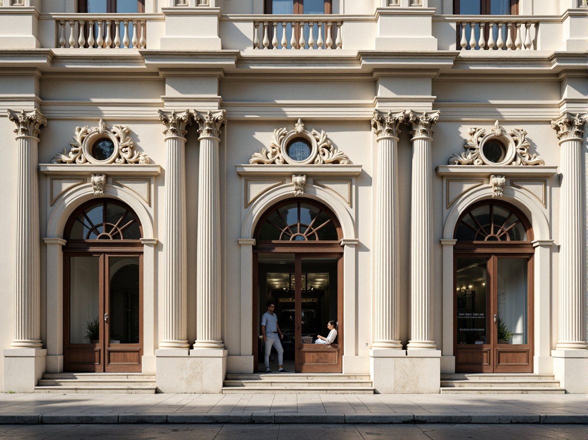 Prompt: Grandiose classical facade, ornate columns, carved stone details, symmetrical architecture, balanced composition, neutral color palette, creamy whites, soft grays, subtle gold accents, intricate moldings, decorative friezes, arched windows, pedimented doors, rusticated base, Corinthian capitals, pilasters, ornate balconies, classical motifs, subtle shading, high-contrast lighting, 1/2 composition, detailed textures, realistic reflections.