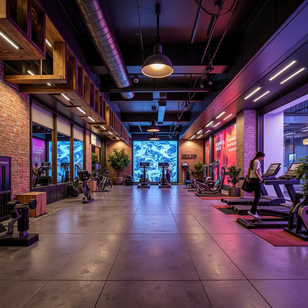 Prompt: Modern fitness club, industrial chic atmosphere, exposed brick walls, polished concrete floors, metal beams, reclaimed wood accents, vibrant color schemes, dynamic lighting, textured surfaces, abstract geometric patterns, 3D wall panels, irregular shapes, LED light installations, motivational quotes, athletic equipment, free weights, treadmills, exercise machines, mirrored walls, rubber flooring, sound-absorbing materials, high-contrast color palette, futuristic architecture, sleek metal lines, minimalist decor, panoramic views, realistic textures, ambient occlusion.