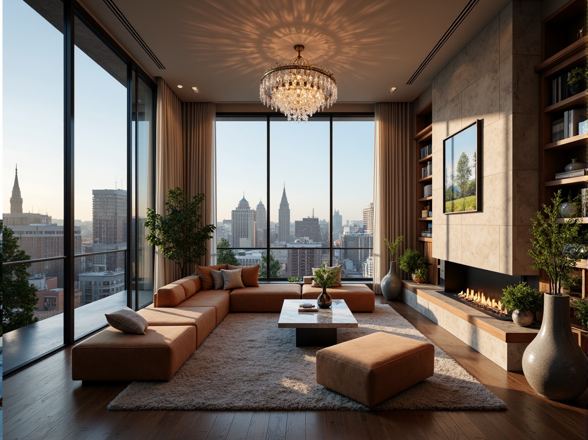 Prompt: Luxurious living room, plush velvet sofas, marble coffee tables, crystal chandeliers, floor-to-ceiling windows, city skyline views, modern minimalist decor, rich wood accents, soft warm lighting, cozy reading nooks, textured rugs, abstract artwork, metallic vases, greenery walls, natural stone fireplaces, sophisticated color schemes, 3/4 composition, shallow depth of field, realistic textures.