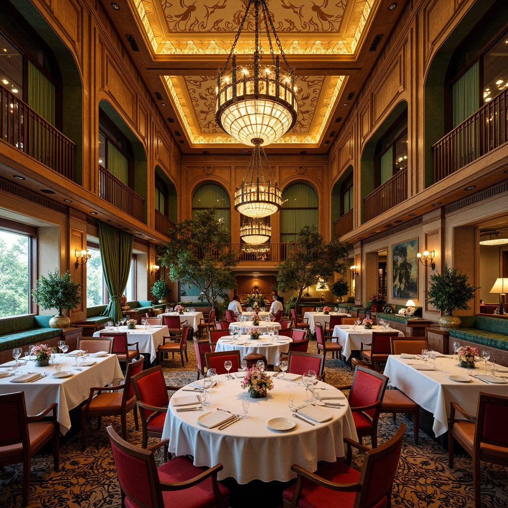 Prompt: Opulent dining hall, richly ornamented walls, grand chandeliers, lavish furnishings, velvet drapes, intricately patterned carpets, warm golden lighting, soft cream colors, elegant wooden accents, ornate metalwork, flowing organic lines, curvaceous silhouettes, vibrant emerald green, deep crimson red, luxurious bronze tones, subtle turquoise hints, whimsical florals, stylized foliage motifs, dramatic archways, grandiose staircases, lavish banquettes, refined Art Nouveau patterns.