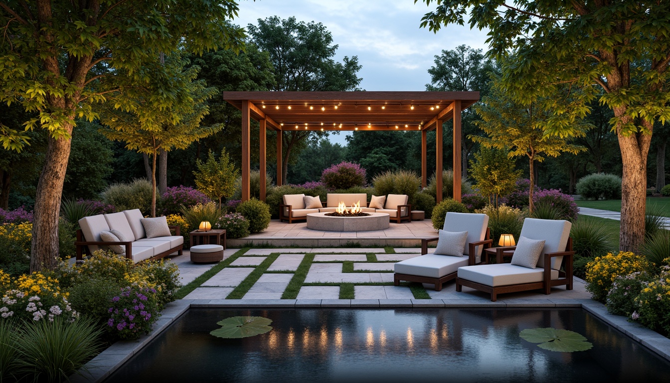 Prompt: Inviting backyard oasis, lush greenery, vibrant flowers, comfortable outdoor seating, wooden pergola, soft cushions, warm string lights, natural stone pathways, tranquil water features, modern patio furniture, refreshing misting systems, shaded areas, cozy fire pit, ambient evening lighting, 1/1 composition, realistic textures, depth of field.