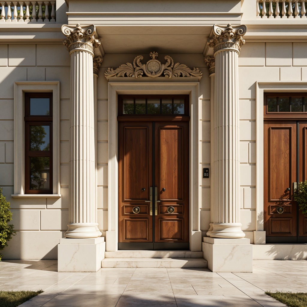 Prompt: Elegant neoclassical facade, ornate stone carvings, fluted columns, grand entranceways, symmetrical compositions, creamy white marble, rich walnut wood, polished brass hardware, soft warm lighting, subtle shading, classical proportions, 1/1 composition, realistic textures, ambient occlusion, serene atmosphere, afternoon sunlight, gentle shadows.