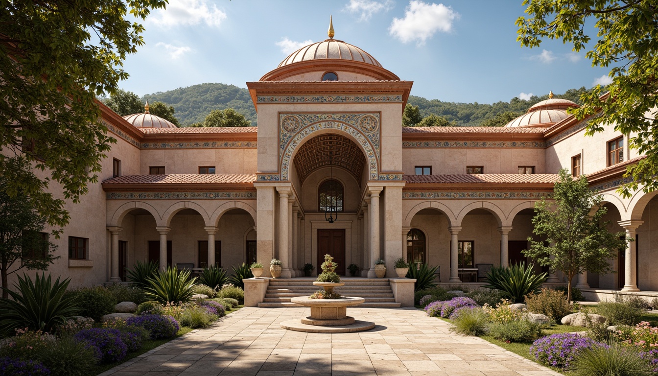 Prompt: Rustic barn, Byzantine style architecture, ornate stone carvings, grand domes, intricate archways, vibrant mosaic patterns, golden accents, ornamental columns, symmetrical facades, rectangular windows, Terra cotta roofing, earthy tones, natural textures, warm sunlight, soft shadows, 1/2 composition, atmospheric perspective, realistic renderings, ambient occlusion.