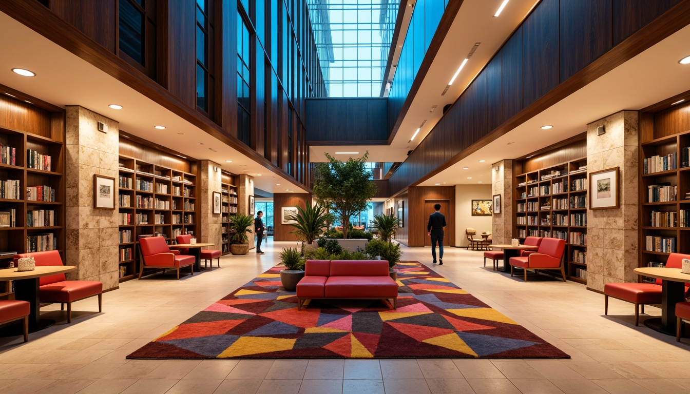 Prompt: Vibrant library, structuralist architecture, bold color blocking, contrasting hues, warm beige stone walls, rich walnut wood accents, cool blue glass fa\u00e7ade, geometric patterned rugs, modern minimalist shelving, comfortable reading nooks, soft warm lighting, indirect overhead illumination, 3/4 composition, shallow depth of field, realistic textures, ambient occlusion.