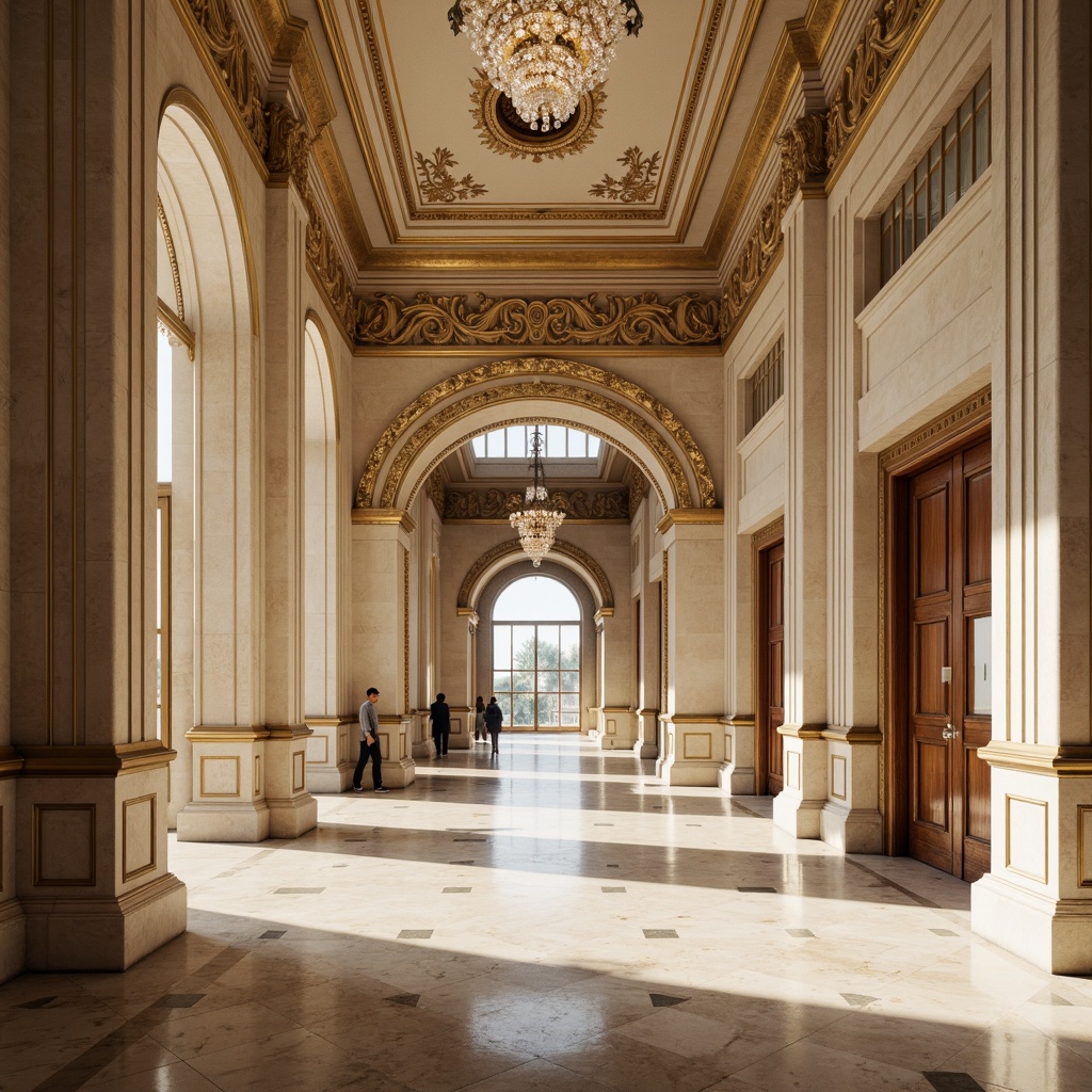 Prompt: Elegant classical architecture, ornate columns, intricately carved details, symmetrical facades, neutral beige walls, rich walnut wood accents, subtle golden ornaments, soft cream-colored marble floors, delicate fresco ceilings, grand crystal chandeliers, warm ambient lighting, shallow depth of field, 1/1 composition, realistic textures, ambient occlusion.