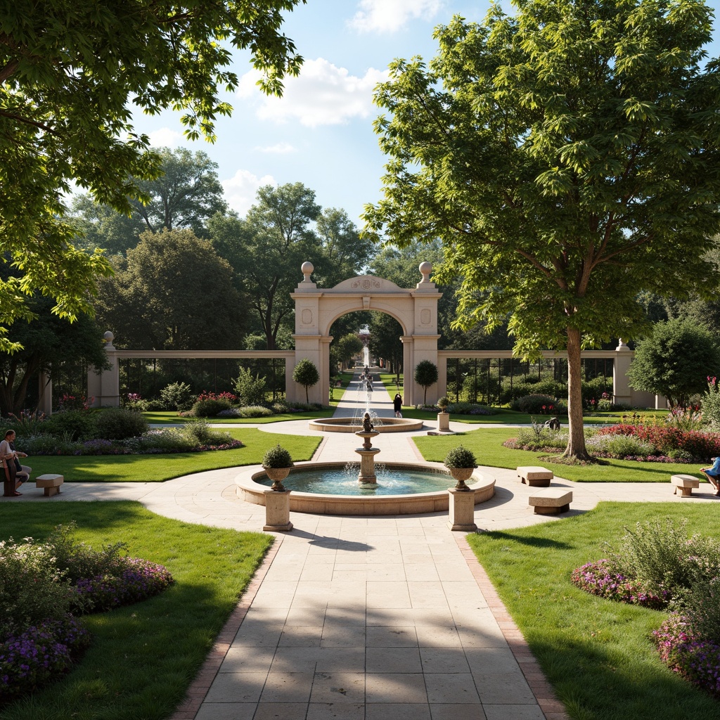 Prompt: Manicured lawns, ornate fountains, grand statues, symmetrical pathways, vibrant flower beds, majestic trees, rustic stone walls, elegant iron gates, refined benches, classical urns, soft natural lighting, warm sunny days, subtle shadows, 1/1 composition, intimate focus, realistic textures, ambient occlusion.