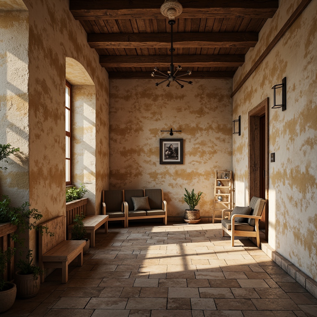 Prompt: Rustic interior walls, rough-hewn plaster textures, earthy color palette, distressed finishes, ornate moldings, decorative ceiling medallions, vintage fixtures, warm soft lighting, shallow depth of field, 1/2 composition, realistic renderings, ambient occlusion.