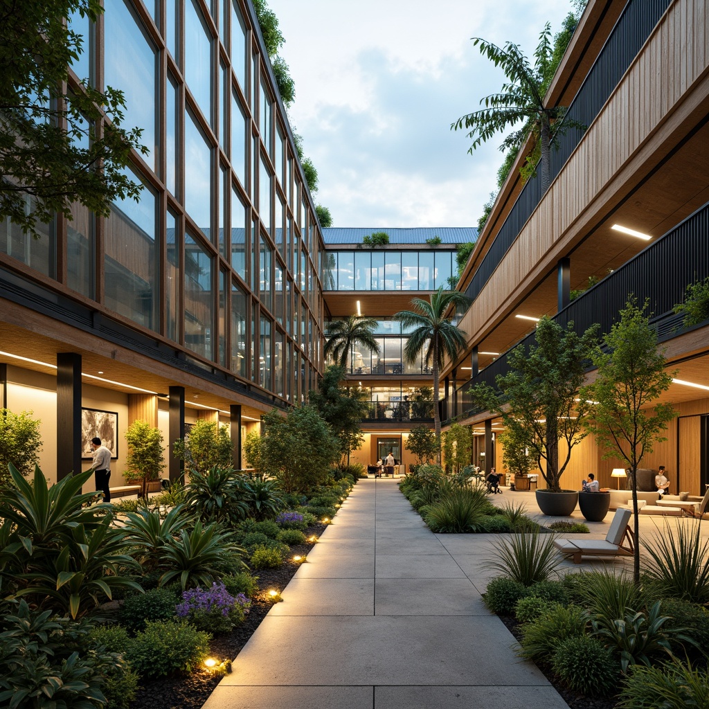 Prompt: Eco-friendly office building, recycled glass facade, solar panels, green roofs, living walls, natural ventilation systems, bamboo flooring, reclaimed wood accents, energy-efficient lighting, minimalist decor, organic textures, earthy color palette, serene atmosphere, soft warm lighting, shallow depth of field, 3/4 composition, panoramic view.