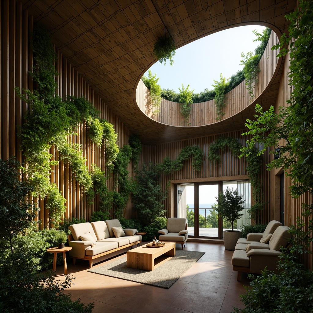 Prompt: Eco-friendly cinema complex, curved organic lines, living green walls, recycled materials, energy-efficient systems, natural ventilation, abundant daylight, minimalist decor, reclaimed wood accents, earthy color palette, soft warm lighting, shallow depth of field, 3/4 composition, panoramic view, realistic textures, ambient occlusion.