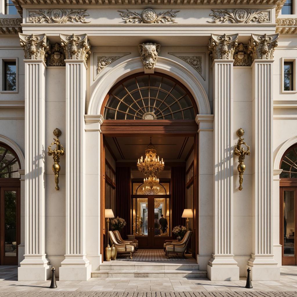 Prompt: Elegant neoclassical facade, creamy white marble columns, ornate stone carvings, rusticated quoins, symmetrical compositions, grand entranceways, polished brass door handles, ornamental metalwork, rich wood paneling, intricate moldings, velvet drapes, crystal chandeliers, warm golden lighting, shallow depth of field, 2/3 composition, realistic textures, ambient occlusion.