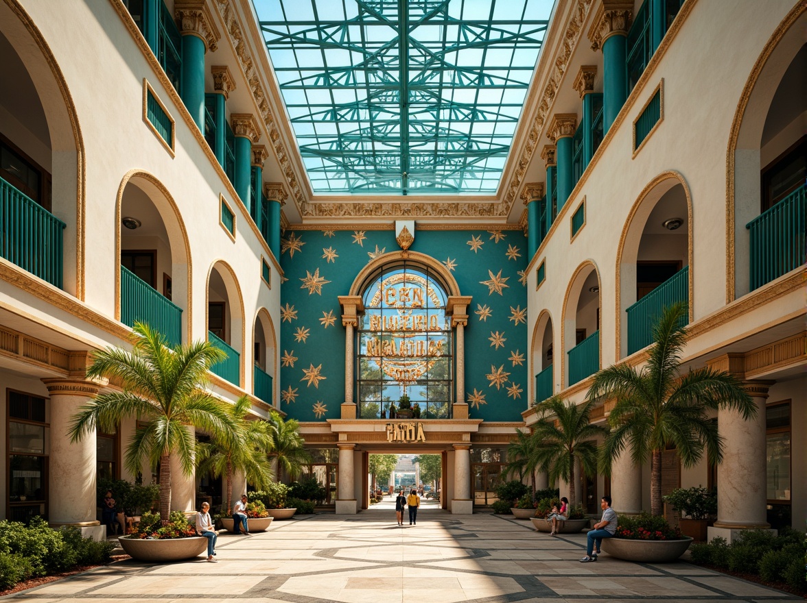 Prompt: Geometric gymnasium facade, ornate metalwork, lavish decorations, symmetrical composition, vibrant turquoise accents, polished chrome details, luxurious marble columns, grandiose entrance archways, stylized typography, geometric patterns, zigzag motifs, chevron designs, opulent chandeliers, warm golden lighting, high-contrast shadows, dramatic architectural lines, ornate metal grilles, lavish interior courtyard, tropical palm trees, sunny afternoon, shallow depth of field, 1/1 composition, cinematic view, realistic materials, ambient occlusion.