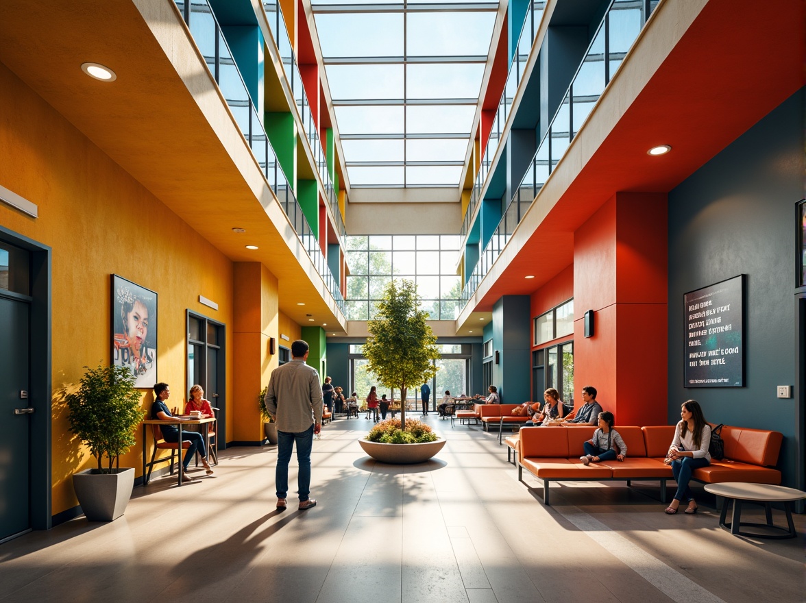 Prompt: Vibrant student hall, modern architecture, bold color scheme, youthful energy, dynamic atmosphere, bright corridors, lively communal spaces, comfortable seating areas, inspirational quotes, motivational artwork, natural light pouring in, soft warm glow, 3/4 composition, shallow depth of field, realistic textures, ambient occlusion.