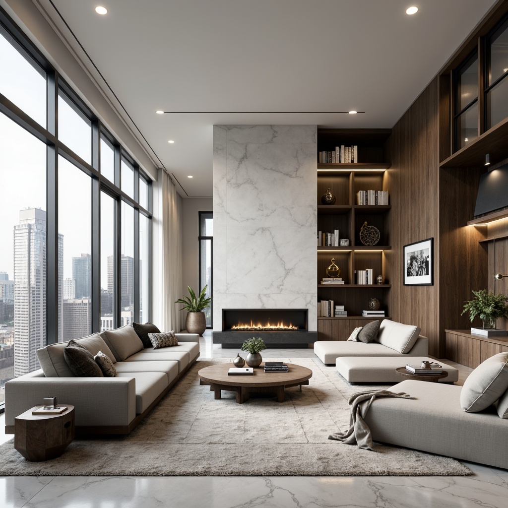 Prompt: Minimalist living room, sleek lines, monochromatic color scheme, comfortable sofas, geometric coffee tables, floor-to-ceiling windows, natural light, urban skyline views, modern art pieces, statement lighting fixtures, luxurious textiles, marble flooring, industrial-chic accents, cozy reading nooks, built-in shelving units, functional storage solutions, calming atmosphere, soft warm lighting, shallow depth of field, 1/1 composition, realistic textures, ambient occlusion.