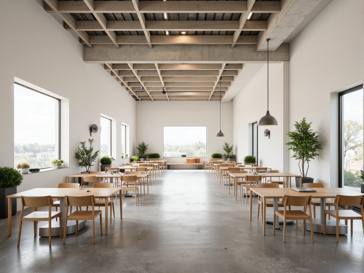 Prompt: Minimalist dining hall, open layout, sparse furniture, polished concrete floor, white walls, high ceiling, large windows, natural light, simplicity emphasis, clean lines, minimal ornamentation, functional decor, modern chairs, wooden tables, pendant lamps, greenery accents, subtle textures, shallow depth of field, 1/1 composition, soft warm lighting.