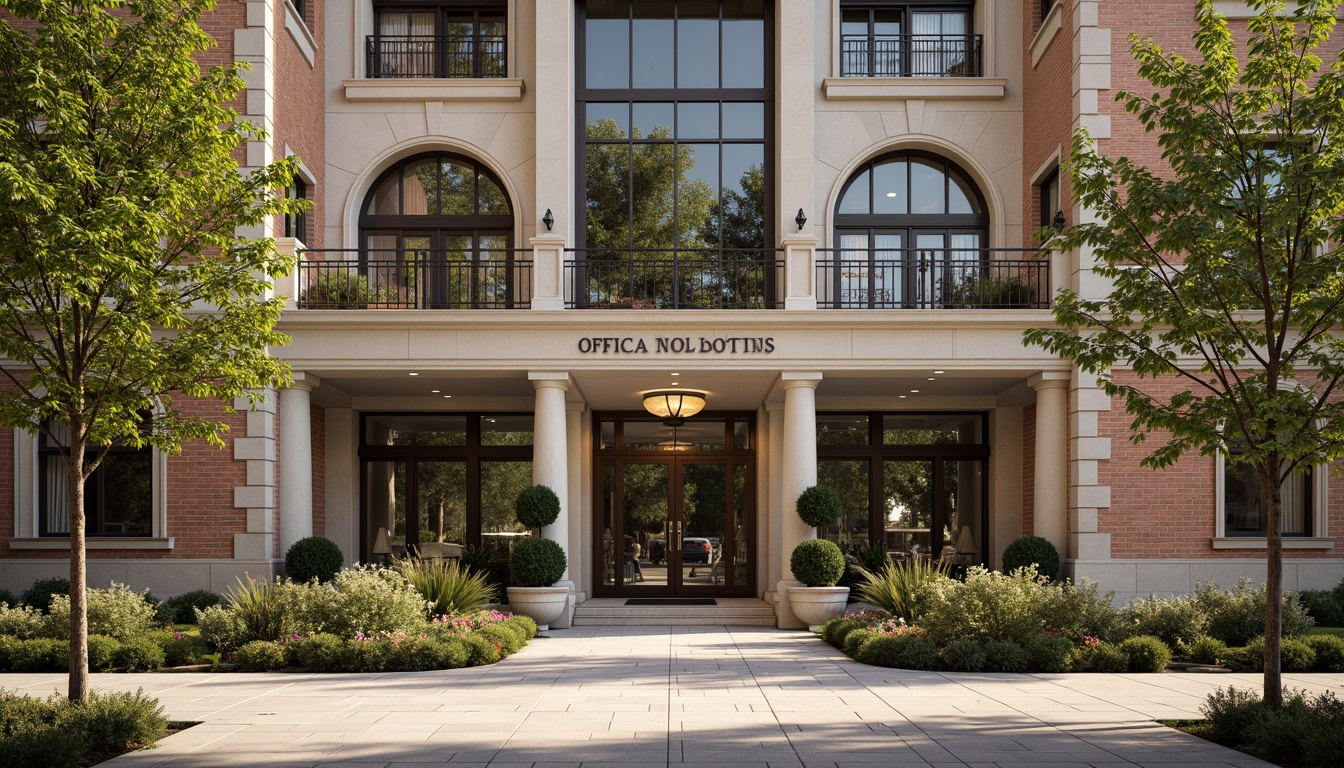 Prompt: Grandiose office building, neoclassical facade, ornate stone carvings, Corinthian columns, symmetrical architecture, rustic brick walls, elegant glass doors, intricate metalwork, ornamental balconies, majestic entrance, lush greenery, blooming flowers, natural stone pavement, warm afternoon light, soft shadows, 1/1 composition, realistic textures, ambient occlusion.