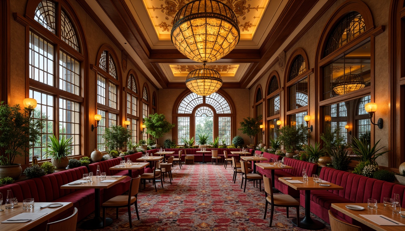 Prompt: Elegant Art Nouveau dining hall, ornate chandeliers, sinuous wooden furniture, velvet upholstery, curved lines, organic forms, flowing patterns, botanical motifs, stained glass windows, intricate metalwork, warm golden lighting, rich wood tones, plush carpets, majestic ceilings, grandiose mirrors, sophisticated table settings, luxurious fabrics, whimsical decorative accents, subtle color palette, high-end materials, refined textures, 1/2 composition, dramatic shadows, atmospheric ambiance.