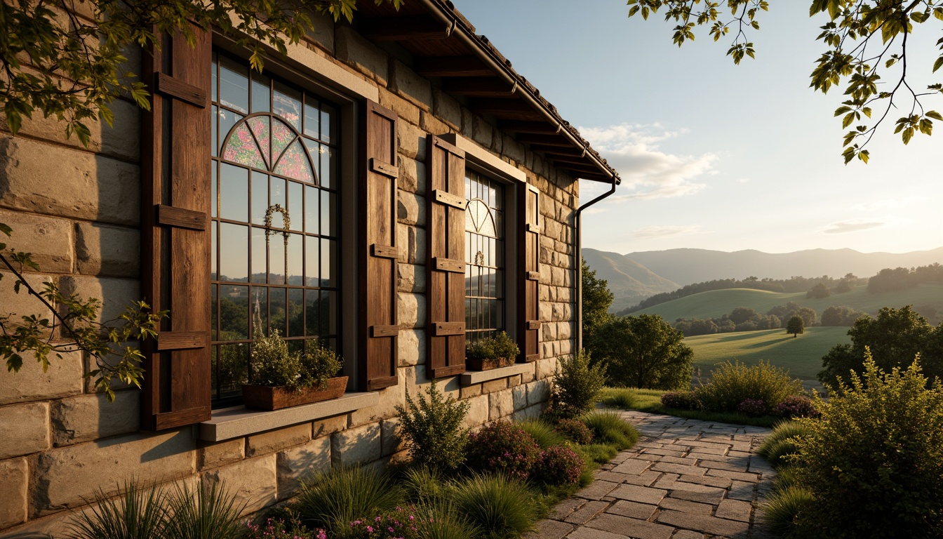 Prompt: Rustic countryside, vintage rural landscape, ornate Art Deco windows, curved metal frames, geometric patterns, stained glass details, earthy color palette, stone walls, wooden shutters, traditional farmhouse, rolling hills, green pastures, sunny afternoon, soft warm lighting, shallow depth of field, 1/2 composition, realistic textures, ambient occlusion.