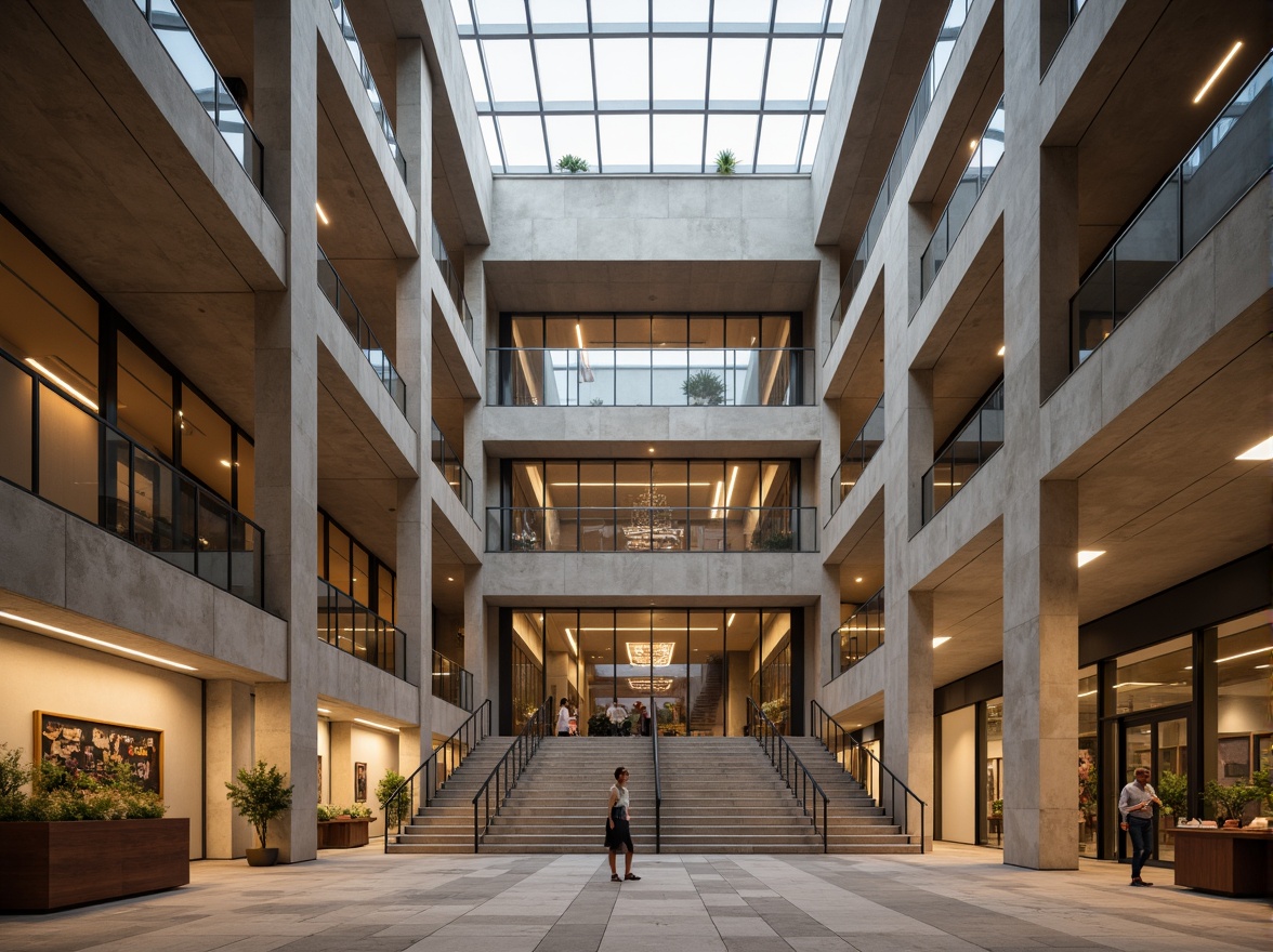 Prompt: Geometric library facade, brutalist structuralism, exposed concrete columns, minimalist detailing, large rectangular windows, cantilevered rooflines, bold geometric patterns, earthy tone color palette, natural stone cladding, modernist architectural style, grand entrance staircase, open atrium interior, sleek metal railings, warm indirect lighting, 1/1 composition, high-contrast shading, realistic textures, ambient occlusion.