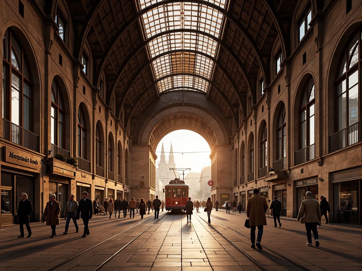 Prompt: Grand tram station, Romanesque arches, rustic stone walls, ornate ironwork, vaulted ceilings, stained glass windows, intricate mosaics, warm golden lighting, bustling city atmosphere, morning rush hour, shallow depth of field, 1/2 composition, symmetrical view, realistic textures, ambient occlusion.