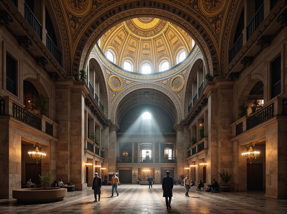 Prompt: Byzantine-style grand dome, intricate stone carvings, ornate gold accents, majestic arches, vibrant mosaic patterns, richly textured marble floors, dramatic vaulted ceilings, ornamental columns, mystical ambiance, warm soft lighting, subtle fog effects, cinematic camera angles, symmetrical composition, atmospheric perspective, highly detailed textures, realistic material reflections.