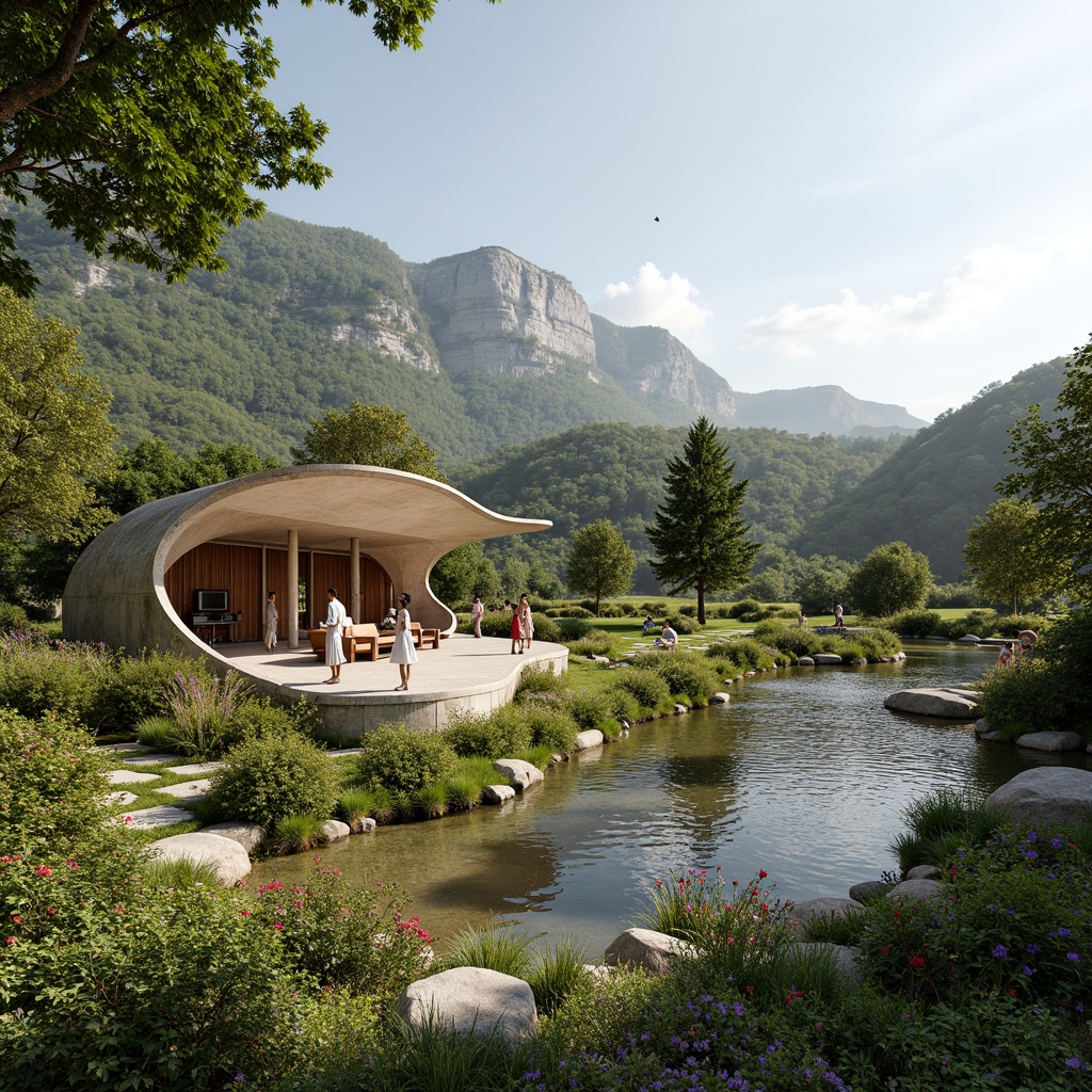 Prompt: Curved organic pavilion, harmonious landscape integration, undulating natural terrain, lush greenery, vibrant flowers, serene water features, meandering pathways, weathered wood accents, translucent canopy, soft diffused lighting, shallow depth of field, 1/1 composition, realistic textures, ambient occlusion, futuristic blobitecture style, flowing curves, irregular shapes, innovative materials, sustainable design principles, eco-friendly systems, minimal environmental impact, peaceful atmosphere, warm sunny day.