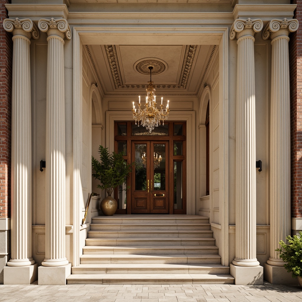 Prompt: Elegant classical facade, creamy white marble columns, ornate stone carvings, rustic brick walls, rich wooden doors, polished bronze hardware, grandiose staircases, intricate moldings, decorative friezes, subtle archways, symmetrical composition, natural light illumination, soft warm color palette, luxurious velvet drapes, ornamental plaster ceilings, refined crystal chandeliers.