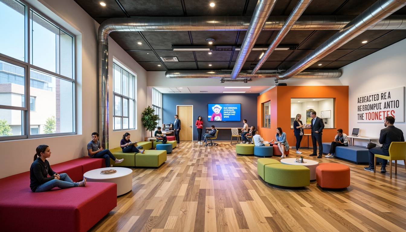 Prompt: Vibrant youth center, modern minimalist interior, bright color accents, flexible seating arrangements, cozy reading nooks, interactive digital displays, collaborative workstations, inspirational quotes, urban industrial aesthetic, reclaimed wood floors, exposed ductwork, floor-to-ceiling windows, natural daylight, softbox lighting, 1/1 composition, shallow depth of field, realistic textures, ambient occlusion.