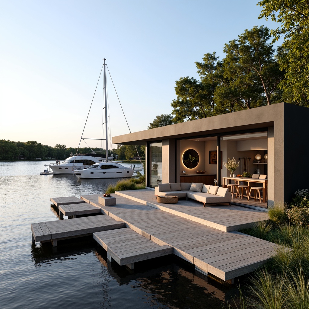 Prompt: Modern boathouse, sleek wooden docks, nautical ropes, sailboats, luxury yachts, calm waters, serene lakeside, surrounding lush greenery, scenic views, warm sunny day, soft natural lighting, shallow depth of field, 3/4 composition, panoramic view, realistic water reflections, ambient occlusion, contemporary architecture, large windows, sliding glass doors, wooden accents, cozy interior, nautical themed decor, comfortable lounge seating, functional kitchenette.