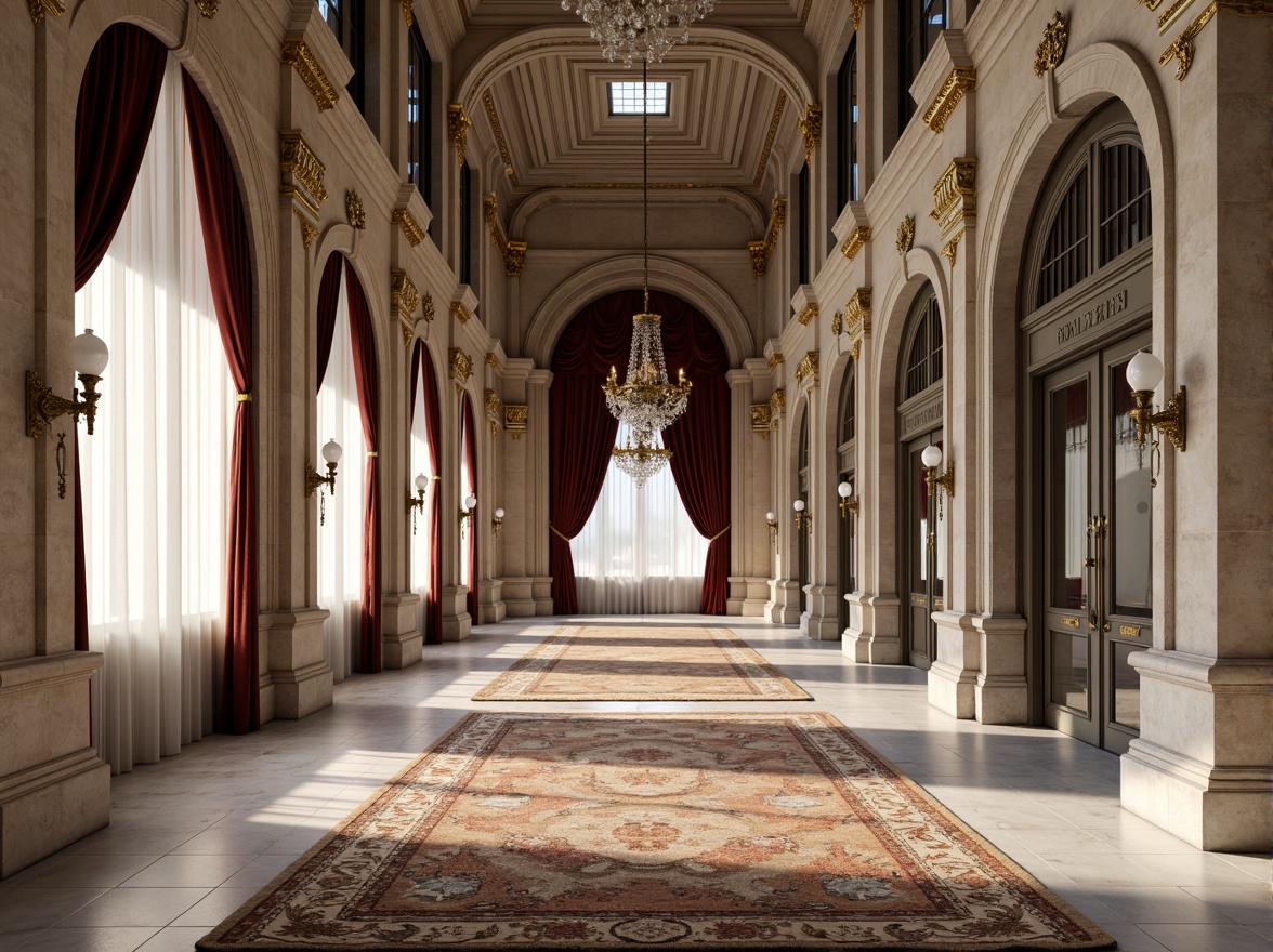 Prompt: Grandiose columns, ornate carvings, neutral color palette, limestone facades, marble flooring, rustic wood accents, velvet drapes, crystal chandeliers, intricately patterned rugs, golden ornaments, symmetrical compositions, classical pediments, arched windows, soft warm lighting, subtle shadows, 1/1 composition, realistic textures, ambient occlusion.