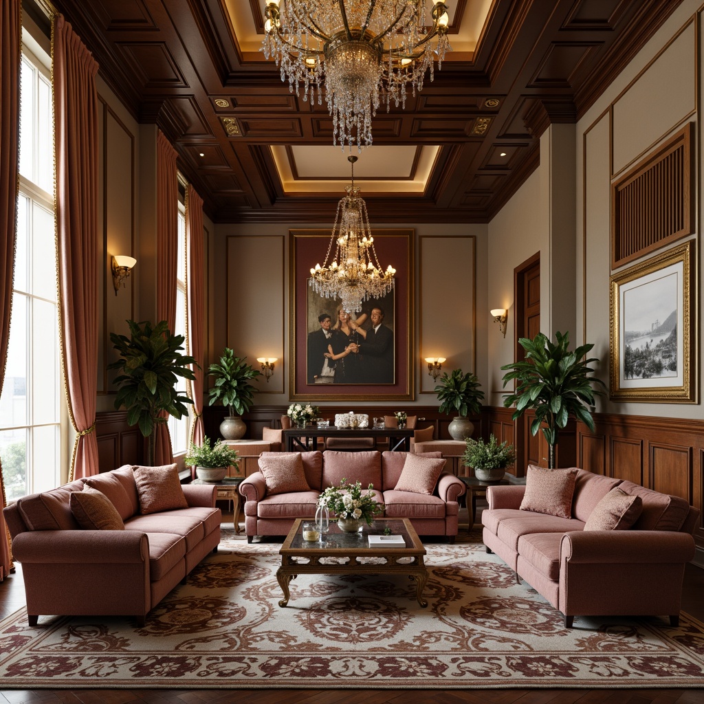 Prompt: Luxurious velvet fabrics, subtle sheen, rich jewel tones, ornate patterns, golden embroidery, soft silk drapes, elegant tassel trim, classic rolled-arm sofas, carved wooden accents, intricate inlays, opulent chandeliers, warm beige walls, refined herringbone rugs, sophisticated damask prints, majestic high ceilings, crystal glass vases, subtle gradient lighting, 1/1 composition, realistic reflections, soft box shadows.