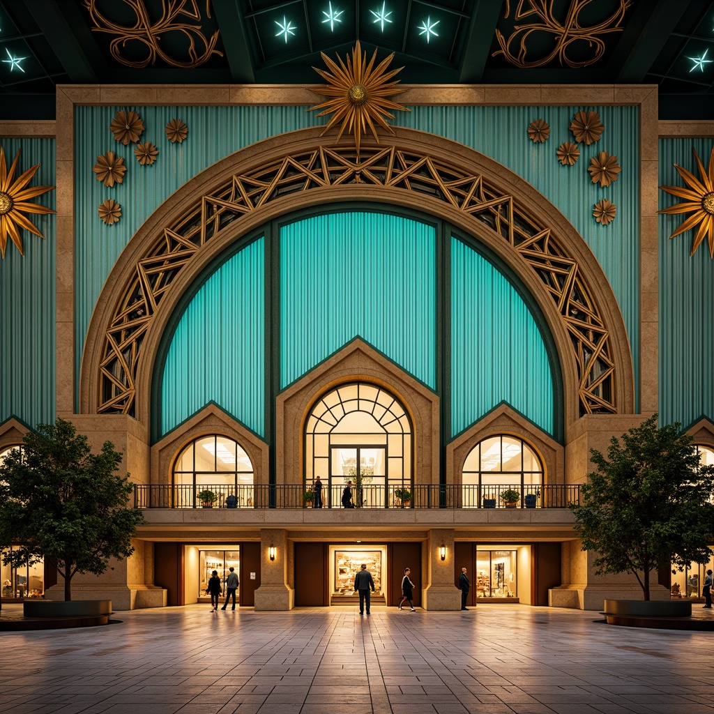 Prompt: Geometric gymnasium facade, ornate metallic details, bold Art Deco patterns, vibrant turquoise accents, grand entrance archways, symmetrical composition, lavish gold leafing, sculpted stone reliefs, stylized athletic motifs, ornamental ironwork, sunburst designs, zigzag patterns, luxurious marble cladding, opulent chandeliers, high-contrast lighting, dramatic shadows, 1/2 composition, low-angle shot, cinematic atmosphere.