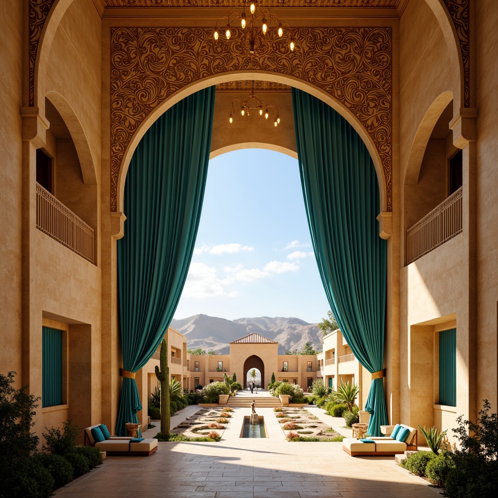 Prompt: \Desert opera house, majestic architecture, warm beige stucco, golden ornate details, grandiose entrance, sweeping arches, intricate Moorish patterns, luxurious velvet drapes, rich turquoise accents, lavish chandeliers, soft warm lighting, dramatic spotlights, shallow depth of field, 3/4 composition, panoramic view, realistic textures, ambient occlusion, sandy dunes, cactus plants, hot sunny day, clear blue sky, vast open space.\